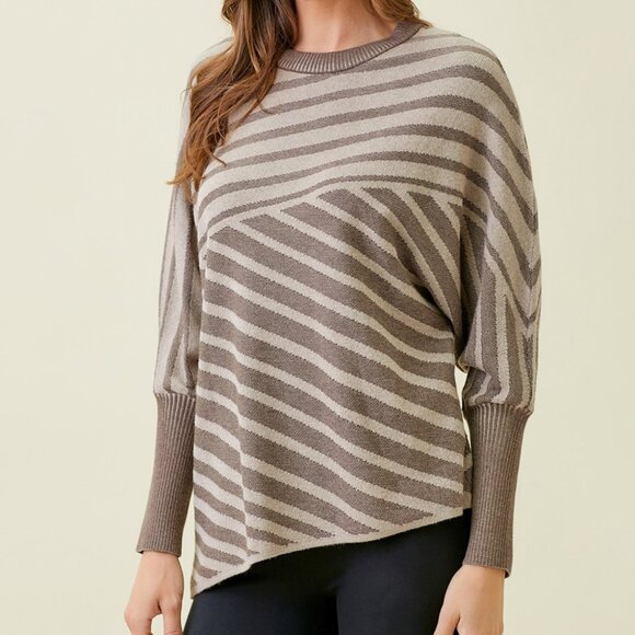 MYSTREE Taupe & Cream Diagonal Stripe Dolman Sleeve Sweater Asymmetrical Hem - Picture 1 of 7